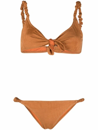 Shop Reina Olga Luca Scrunched Bikini In Brown