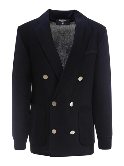 Shop Balmain Viscose Double Breasted Blazer In Dark Blue