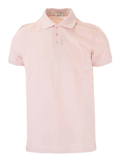 Shop Saint Laurent Embroidered Logo Polo Shirt In Pale Pink