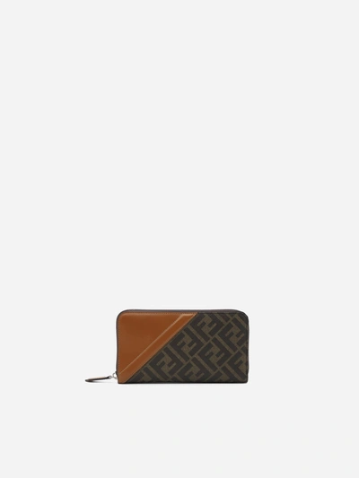 Shop Fendi Cotton Wallet With Leather Insert With Ff Motif In Brown