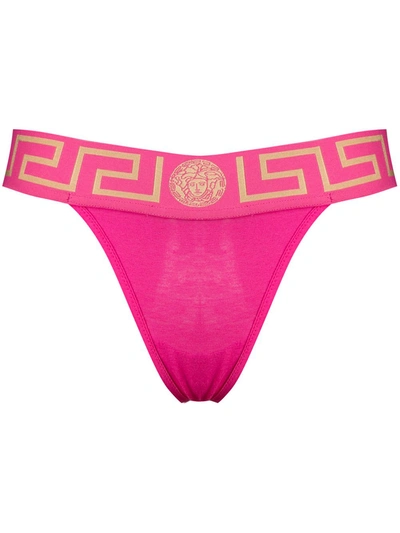 Shop Versace Greca Waistband Thong In Pink