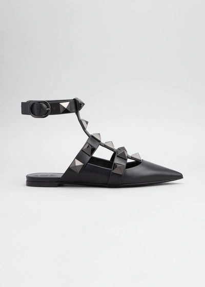 Shop Valentino Roman Stud Ankle-strap Ballerina Flats In Black