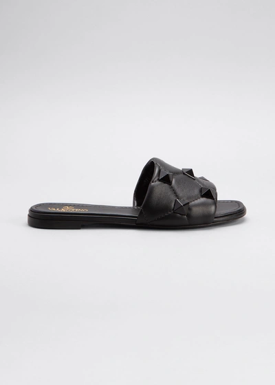 Shop Valentino Roman Stud Quilted Slide Sandals In 0no Nero