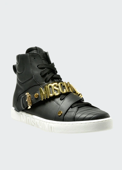 Shop Moschino Men's Leather Logo-strap High-top Sneakers In Black