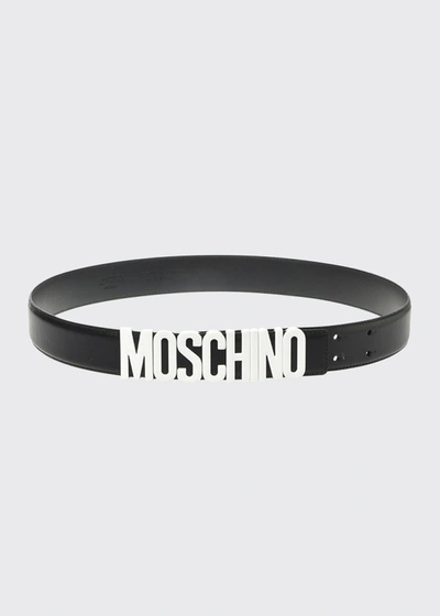 Shop Moschino Men's Logo-buckle Leather Belt In Black/white