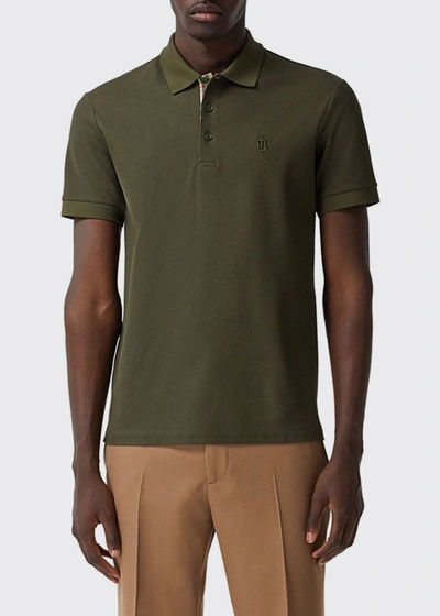 Shop Burberry Men's Eddie Polo Shirt W/ Check Detail In Olive