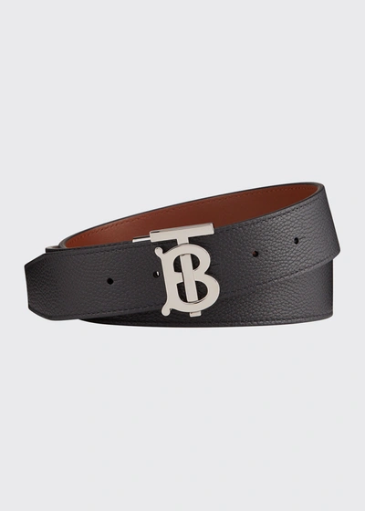 Shop Burberry Men's Tb Plaque Leather Belt In Black