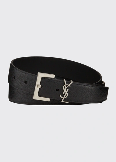 Shop Saint Laurent Men's Ysl Logo Leather Belt In Black