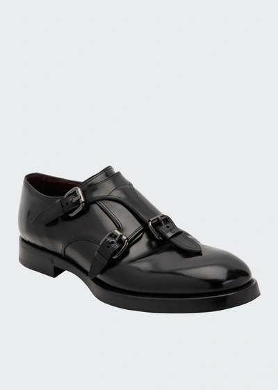 Shop Dolce & Gabbana Men's Runway Triple-monk Strap Leather Slip-on Shoes In Black