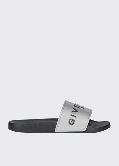 Shop Givenchy Men's Metallic Logo Pool Slide Sandals In Silvery