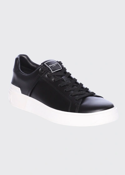 Shop Balmain Men's B Court Leather Low-top Sneakers In Black/white