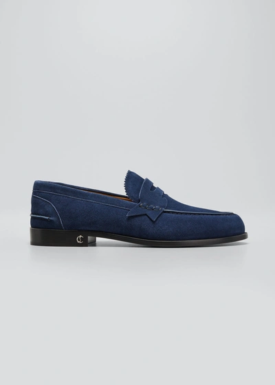 Shop Christian Louboutin Men's Suede Red Sole Penny Loafers In U203 Blu Scuro