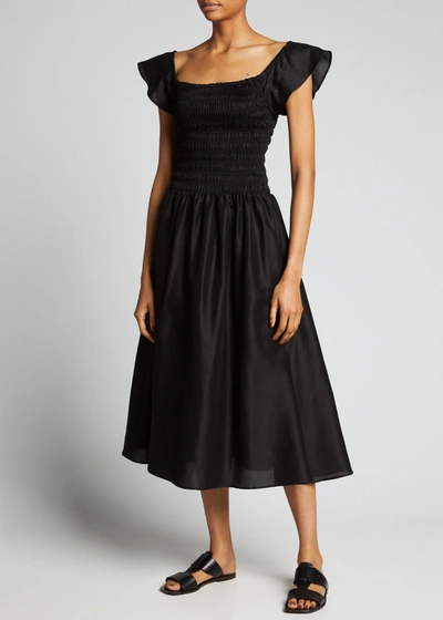 Shop Totême Smocked Tea-length Dress In Black