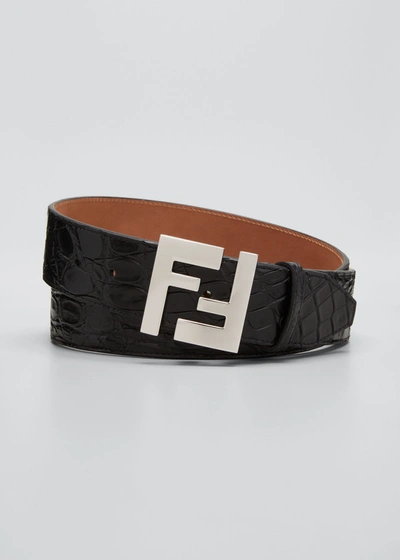 Shop Fendi Men's Ff Caiman Crocodile Leather Belt In Black Palladium