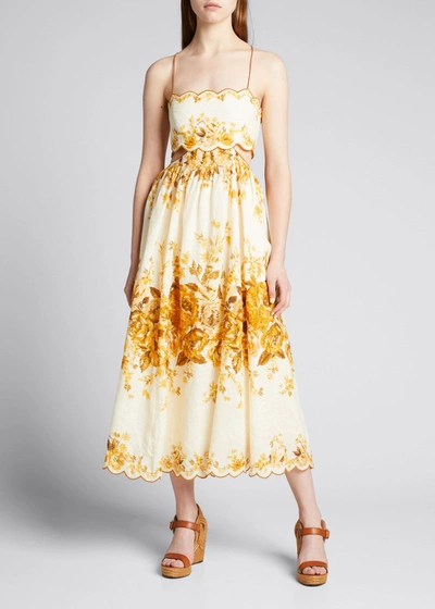 Shop Zimmermann Aliane Scalloped Midi Dress In Amber Floral