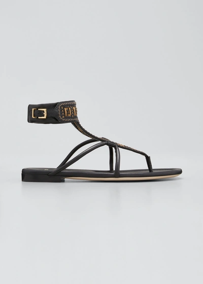 Shop Fendi Leather Intreccio Monogram Ankle-cuff Thong Sandals In Black Sand Black