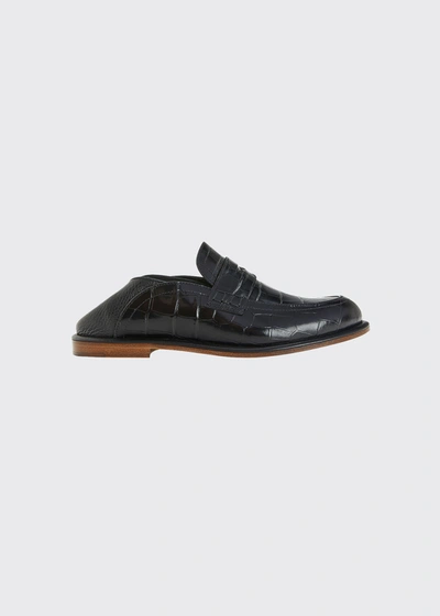 Shop Loewe Mock-croc Leather Penny Loafers In Black/black
