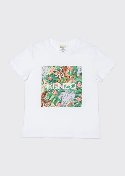 Shop Kenzo Girl's Jungle-printed Jersey Tee In Optic White