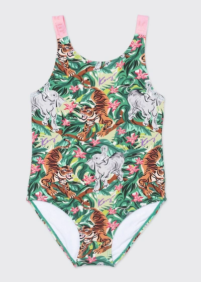 Shop Kenzo Girl's Jungle-printed One-piece Swimsuit In Green