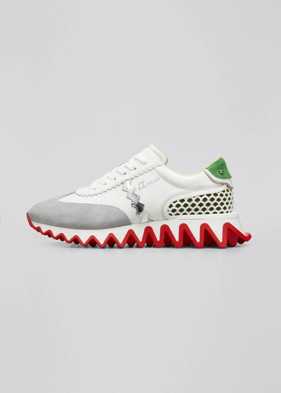 Shop Christian Louboutin Men's Loubishark Flat Mix-leather Red Sole Sneakers In Version White