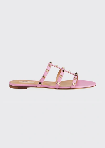 Shop Valentino Rockstud Caged Flat Slide Sandals In Pink