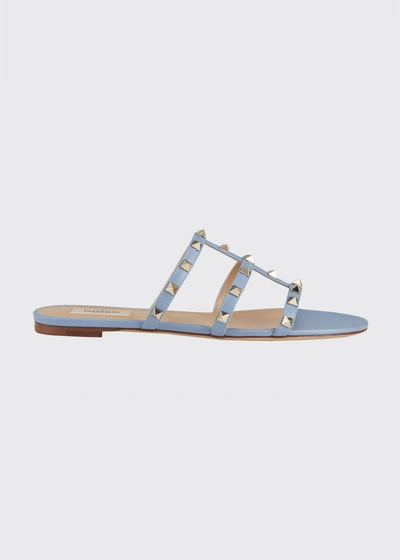 Shop Valentino Rockstud Caged Flat Slide Sandals In Purple/blue