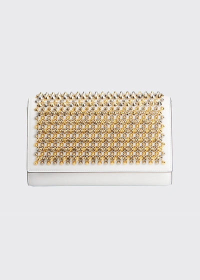 Shop Christian Louboutin Paloma Spike Leather Clutch Bag In White/gold