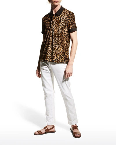 Shop Tom Ford Men's Mixed-media Leopard Polo Shirt In Md Bge Sld