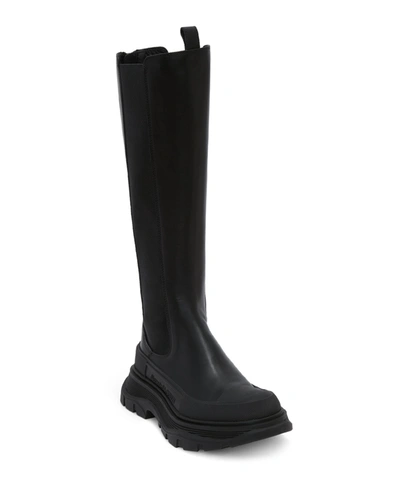 Shop Alexander Mcqueen Wander Leather Rubber-tread Knee Boots In Black Black