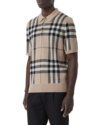 Shop Burberry Men's Large Check Wool-silk Knit Polo Shirt In Soft Fawn