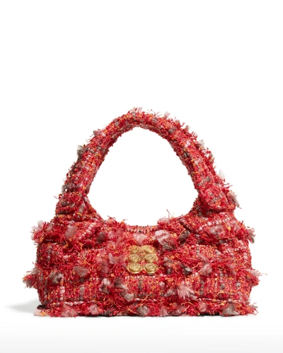 Shop Kooreloo Tweed Hobo Bag With Coins In Cherry