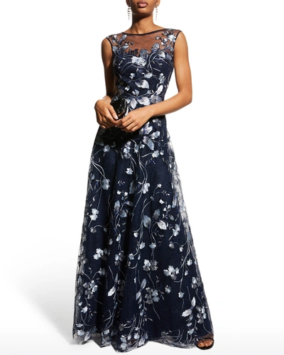 Shop Rickie Freeman For Teri Jon Cap-sleeve Embroidered Tulle A-line Gown In Navy Silver