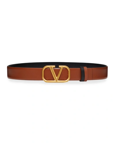 Shop Valentino Vlogo Reversible Leather Belt In 11j Beige/black