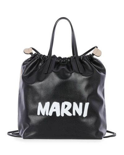 Shop Marni Graffiti Logo Bicolor Drawstring Backpack In Black/brown