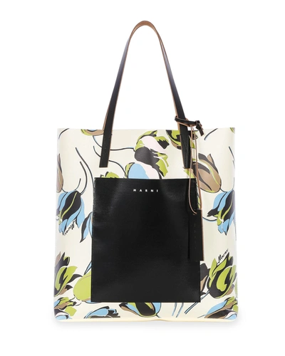 Shop Marni Floral-print Shopper Tote Bag In White/black