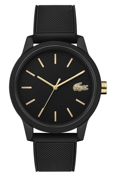 Shop Lacoste 12.12 Rubber Strap Watch, 42mm In Black/ Gold/ Black