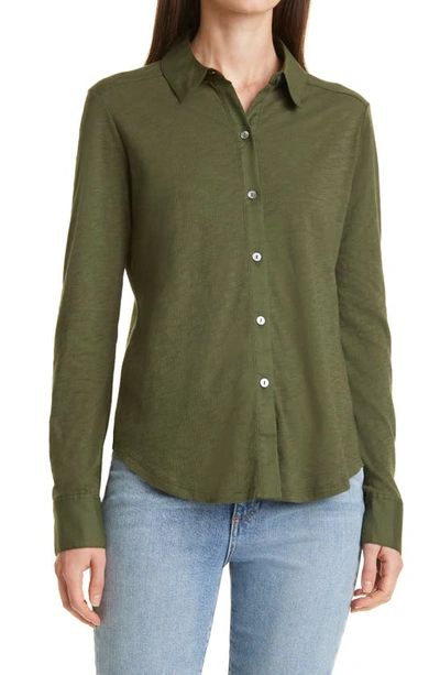 Shop Theory Riduro C.nebulous Organic Cotton Slub Long Sleeve Button-up Shirt In Clover