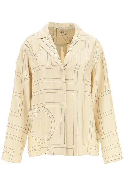 Totême Silk Shirt With Monogram Logo Embroidery In Beige,black