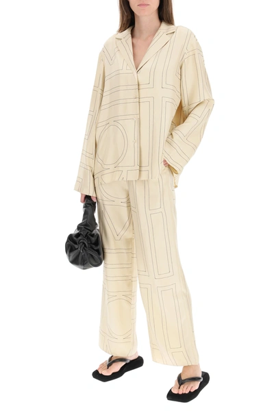 Totême Silk Shirt With Monogram Logo Embroidery In Beige,black