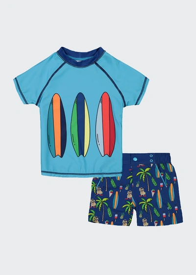 Shop Andy & Evan Boy's Dog Print Short-sleeve Rash Guard W/ Matching Swim Shorts In Blue Surf