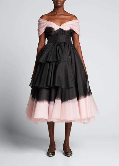 Shop Alexander Mcqueen Off-shoulder Dip-dye Organza Midi Dress In Black/pink