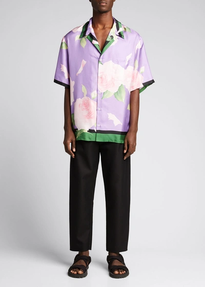 Shop Valentino Men's Silk Floral Boxy Camp Shirt In Violet