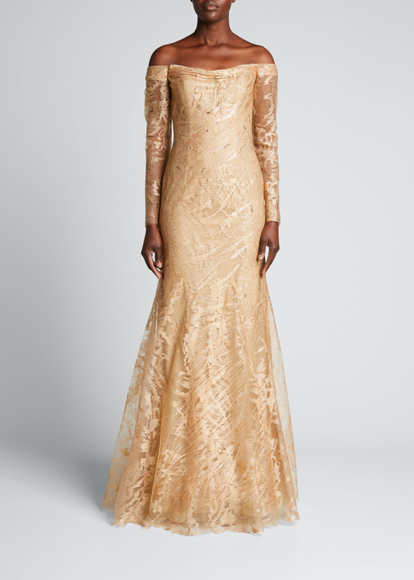 Rene Ruiz Metallic Long sleeve Off the shoulder Gown In Gold ModeSens