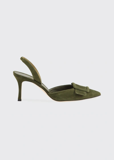 Shop Manolo Blahnik Maysli Suede Bow Slingback Pumps In Olive