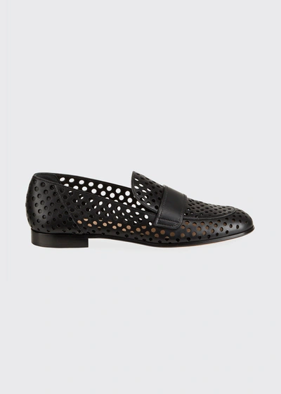 Shop Gianvito Rossi Perforated Leather Flat Loafers In Black