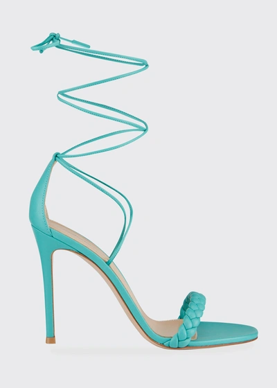 Shop Gianvito Rossi 105mm Braided Napa Ankle-tie Sandals In Turquoise