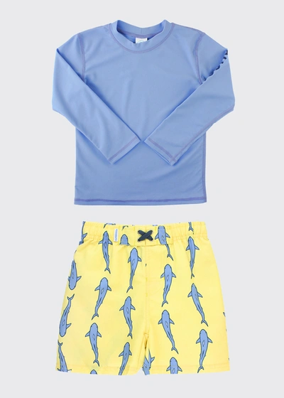 Shop Ruggedbutts Boy's Solid Rash Guard W/ Printed Swim Trunks In Blue Jawsome