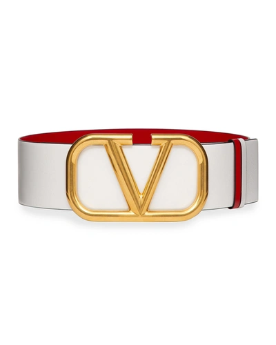 Shop Valentino Vlogo 70mm Wide Box Leather Belt In White/red