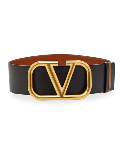 Shop Valentino Vlogo 70mm Wide Box Leather Belt In Lc8 Brown/black