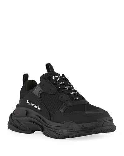 Shop Balenciaga Kid's Triple S Tonal Mix-media Chunky Sneakers, Toddler/kids In Black